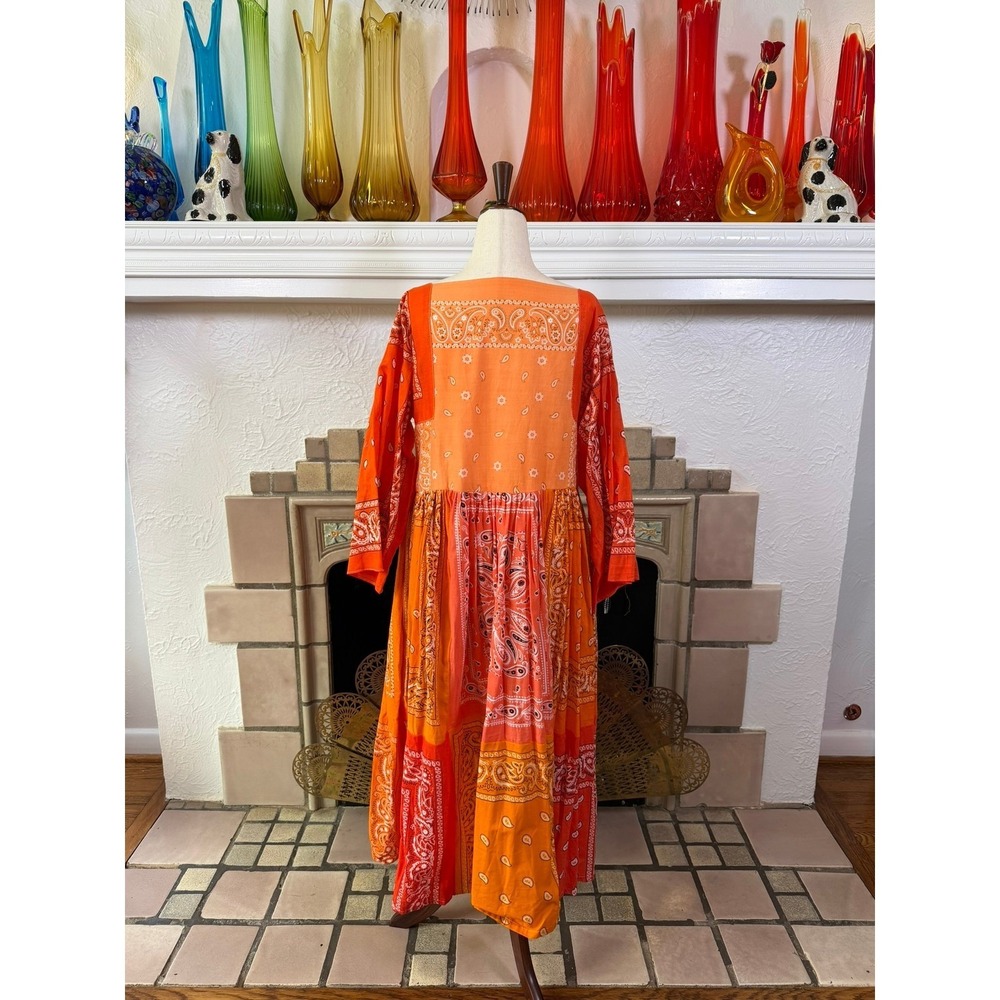 Handmade Orange Bandana Patchwork Midi Dress Bell Sleeve Paisley Boho S/M - Picture 5 of 11